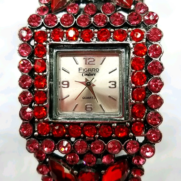 Figaro Couture Red Rhinestone Hinged Bangle Bracelet Watch - Picture 2 of 10